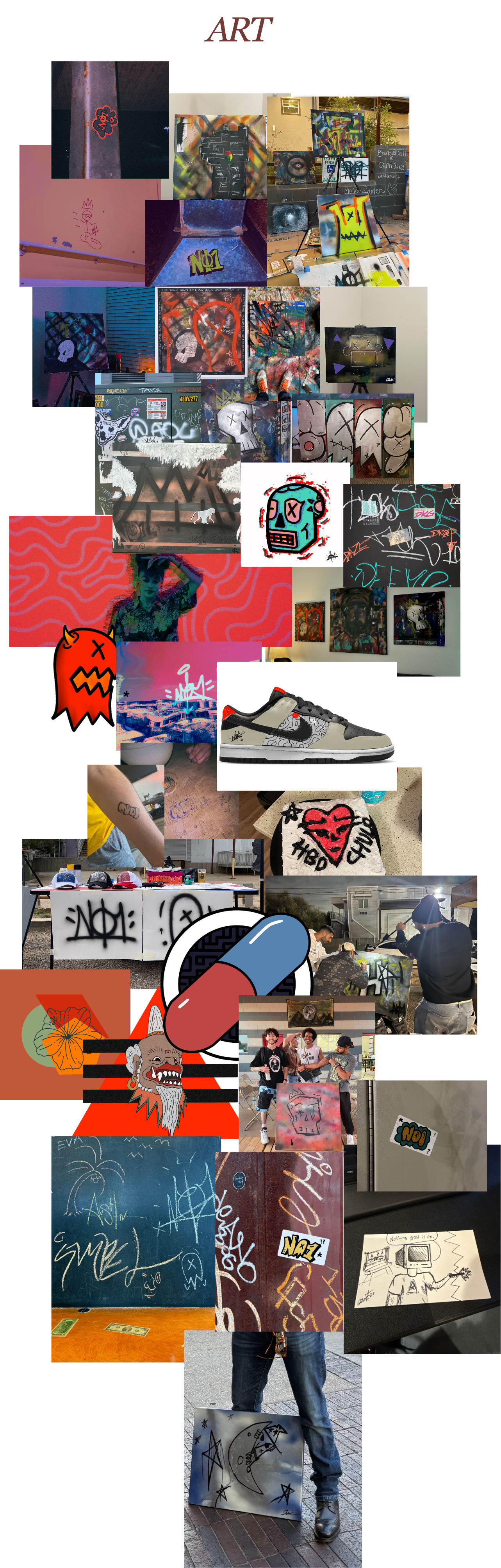 No1s Universe art board featuring graffiti, paintings, sticker art, sneakers, drawings, masks, murals, and collaborative studio scenes